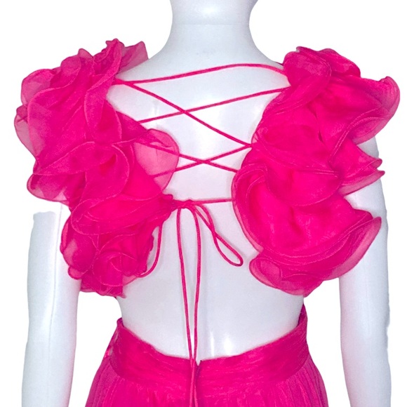 NWT Mac Duggal 67911 Hot Pink Ruffle Tied Cut-Out Chiffon Gown - Sz 10 - Picture 7 of 10
